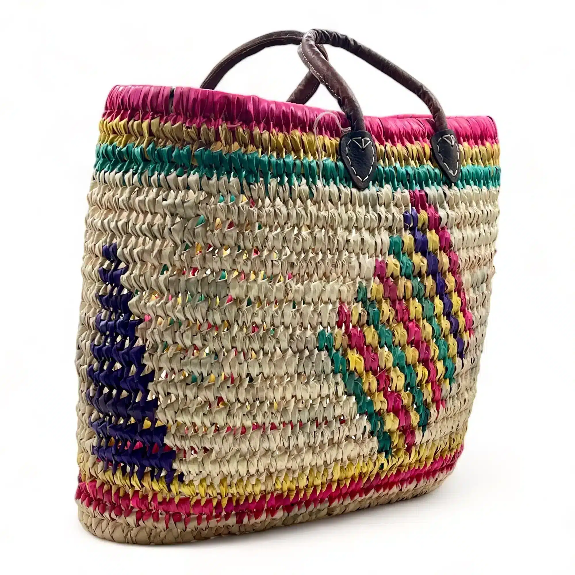 Capazo de playa grande para mujer de palma y piel de colores