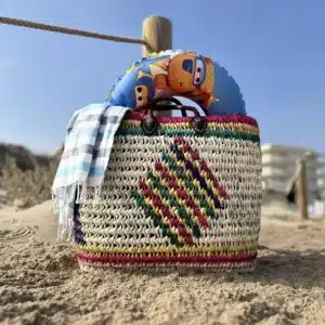 Capazo de playa grande para mujer de palma y piel de colores