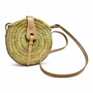 Bolso bandolera redondo trenzado para mujer palma y piel, bolso de hombro, cesteriaESGA