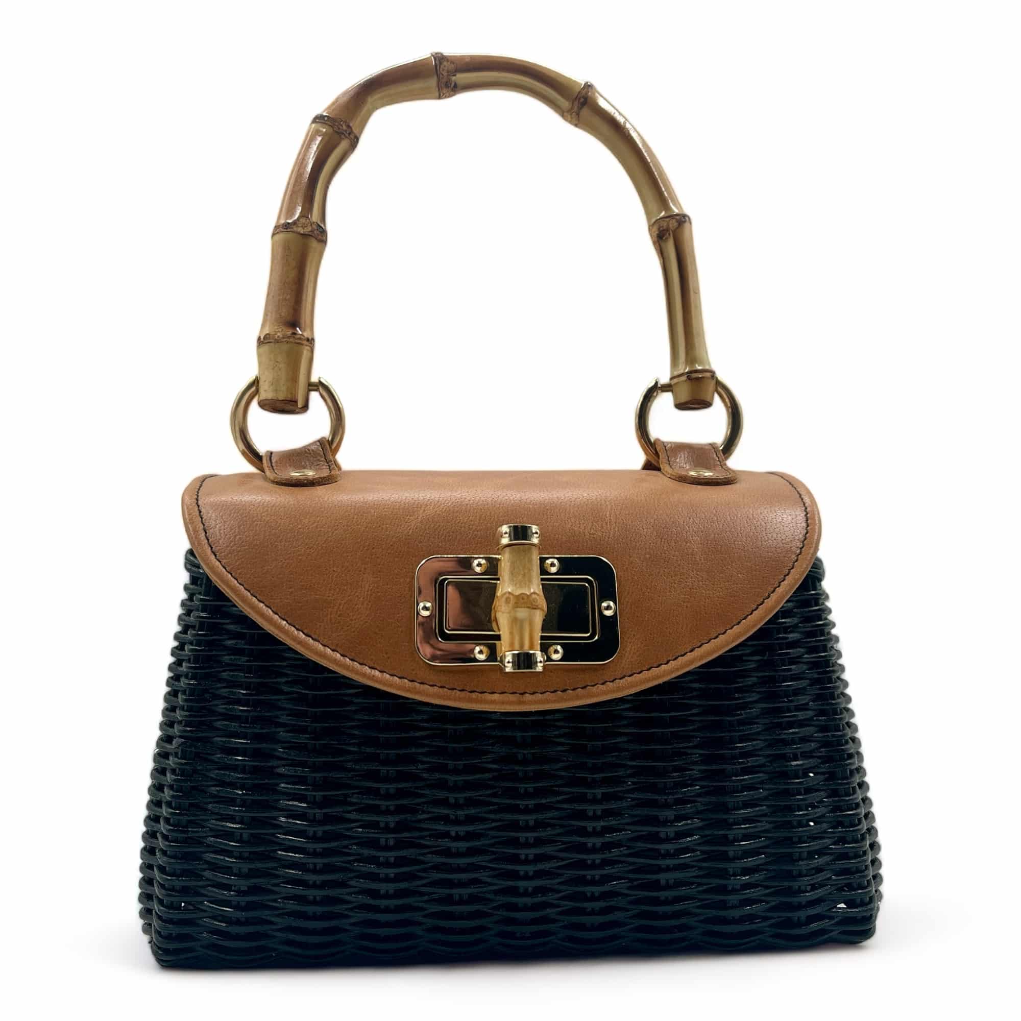 Bolso fiesta negro mujer, bolso de mano / bandolera con solapa de mimbre trenzado y piel con cierre, cesteriaESGA