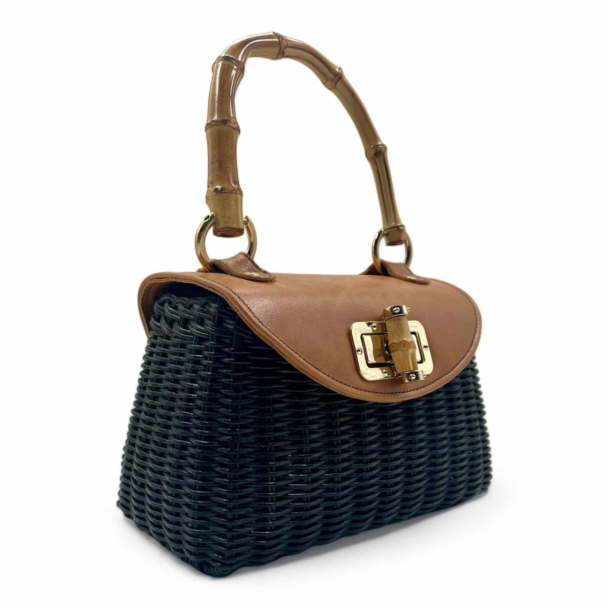 Bolso fiesta negro mujer, bolso de mano / bandolera con solapa de mimbre trenzado y piel con cierre, cesteriaESGA