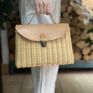 Bolso de fiesta mujer, bolso de mano pequeño, bolso bandolera para mujer con solapa de piel y mimbre trenzado con cierre de hebilla,