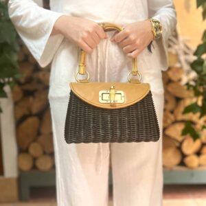 Bolso fiesta negro mujer, bolso de mano / bandolera con solapa de mimbre trenzado y piel con cierre, cesteriaESGA