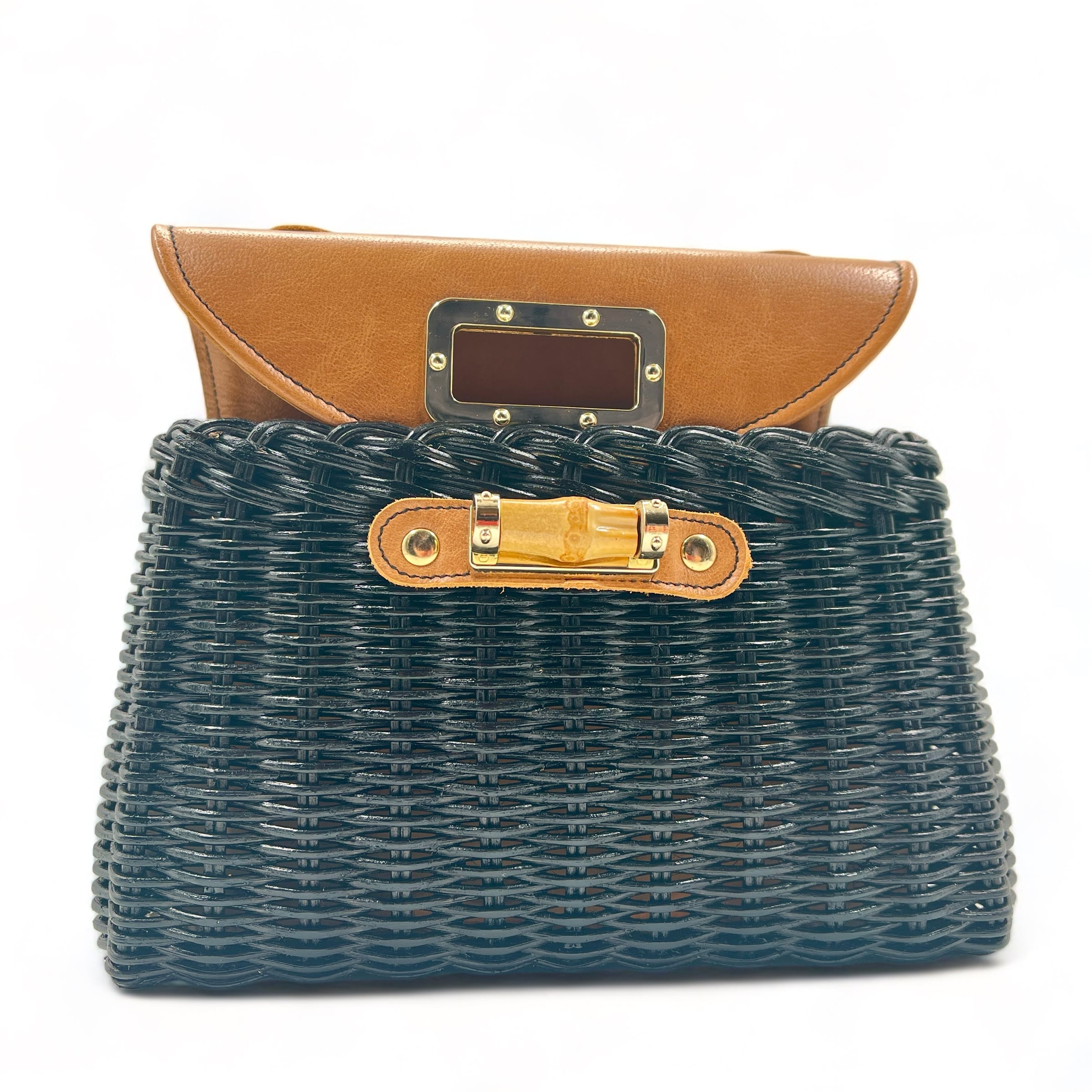 Bolso fiesta negro mujer, bolso de mano / bandolera con solapa de mimbre trenzado y piel con cierre, cesteriaESGA