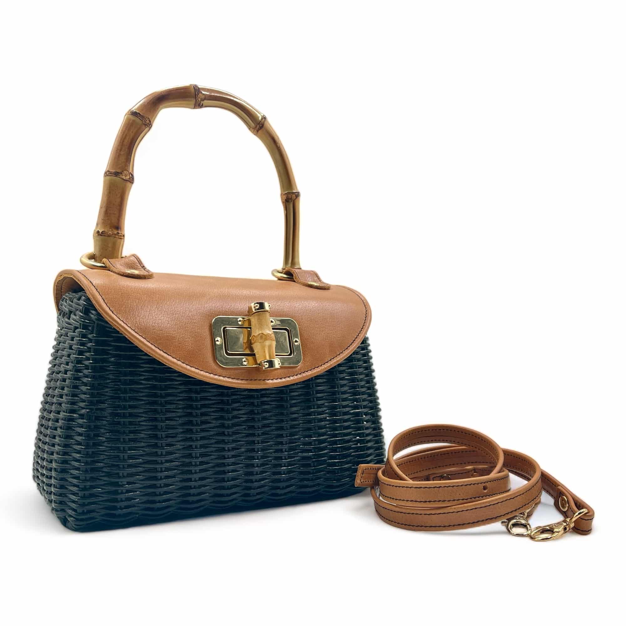 Bolso fiesta negro mujer, bolso de mano / bandolera con solapa de mimbre trenzado y piel con cierre, cesteriaESGA