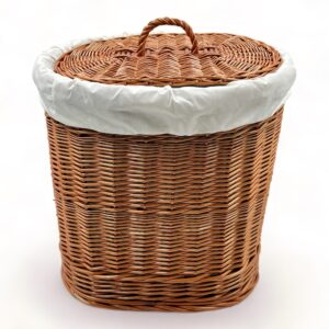 Cesto redondo para ropa sucia / pongotodo con tapa de mimbre oscuro y forro