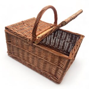 Cesta de mimbre con asa de picnic rectangular con tapas para almacenamiento