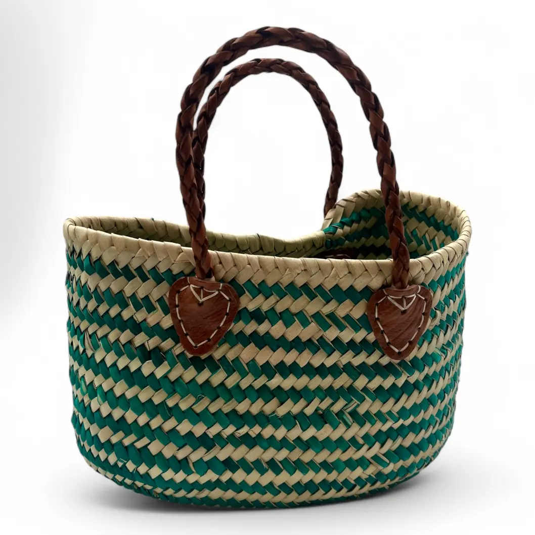 Bolso de Mano de Paja con asa larga de Cuero
