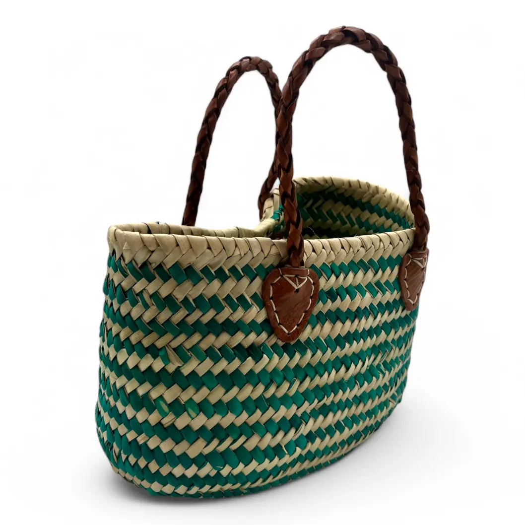 Bolso de Mano de Paja con asa larga de Cuero