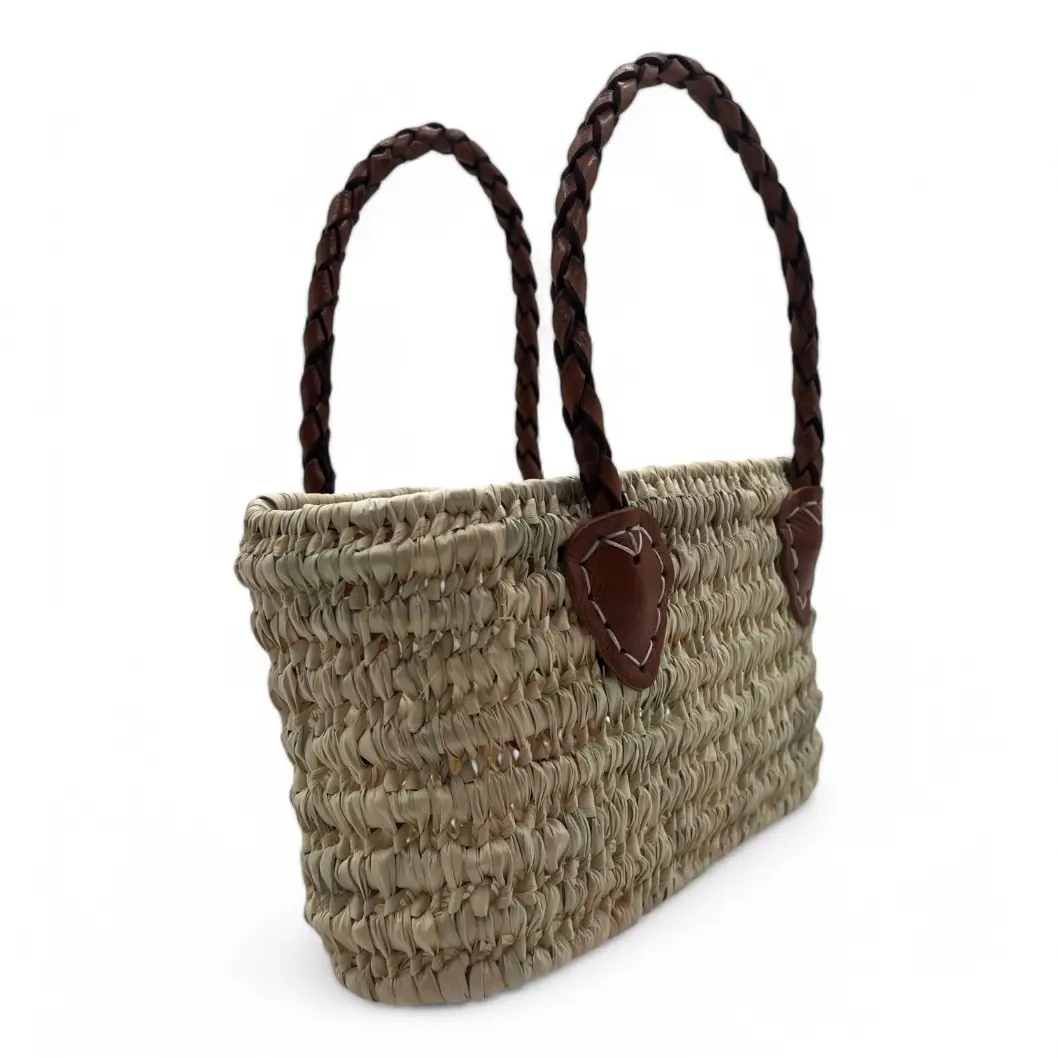 Bolso de Mano de Paja con asa de Cuero