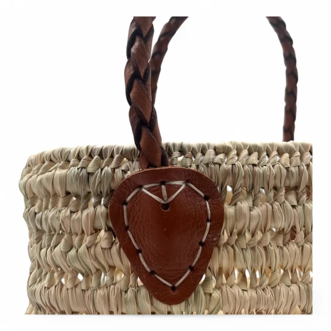 Bolso de Mano de Paja con asa de Cuero