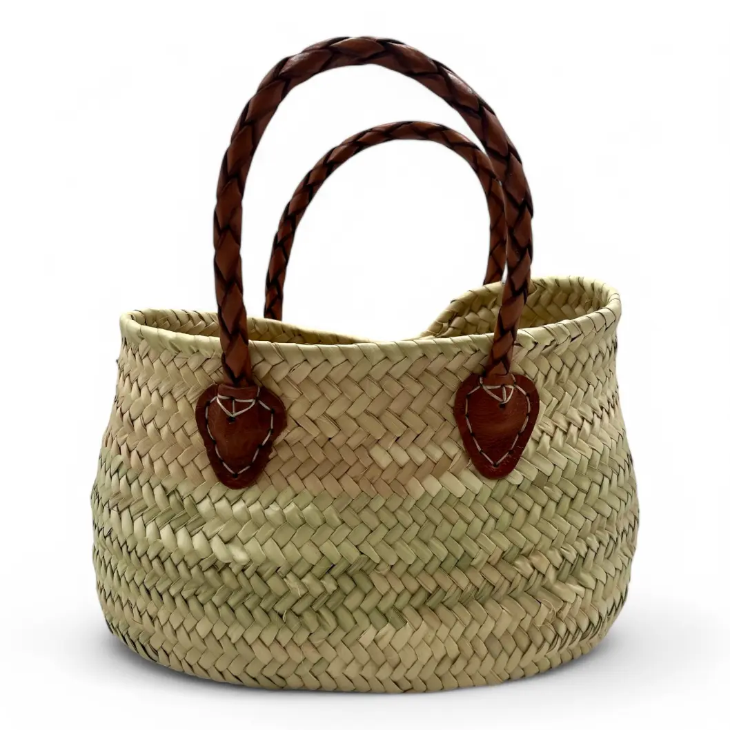 Bolso de Mano de Paja con asa larga de Cuero