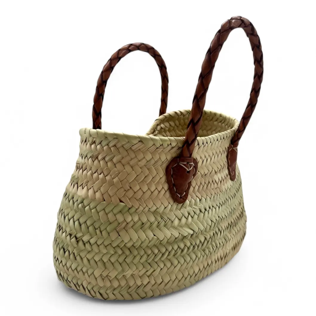 Bolso de Mano de Paja con asa larga de Cuero