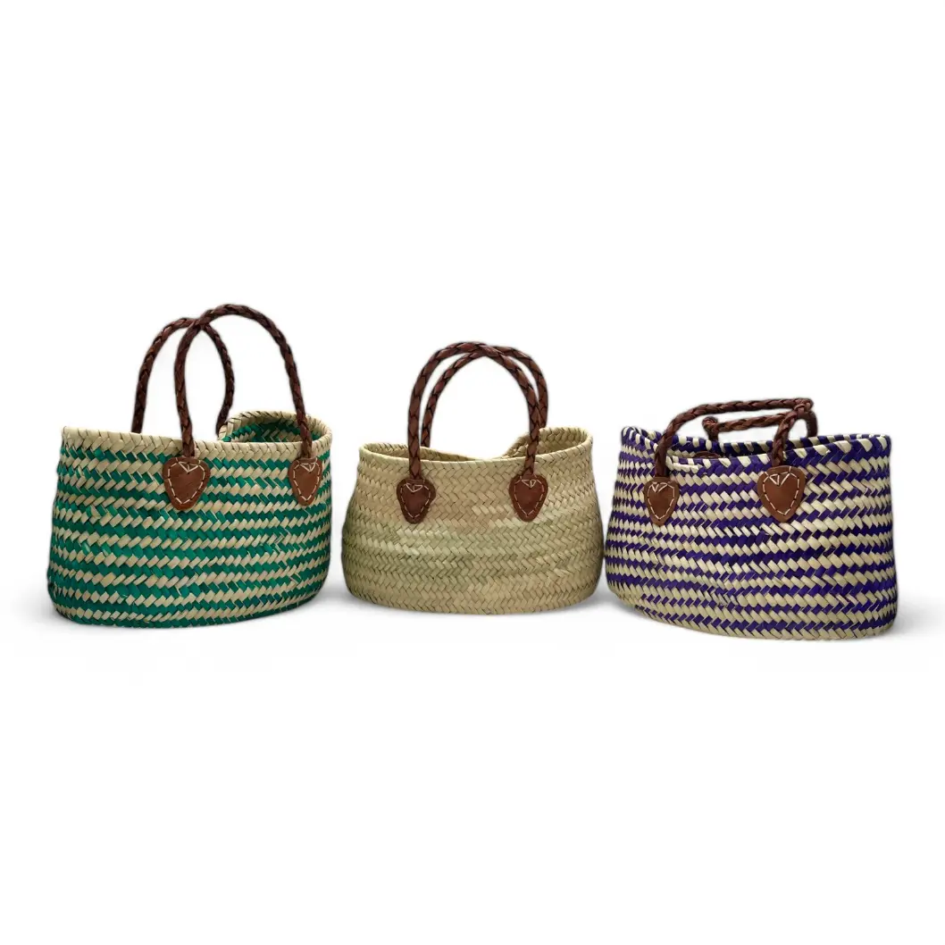 Bolso de Mano de Paja con asa larga de Cuero